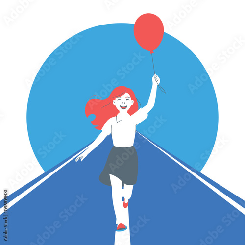 A cheerful woman with red hair walking down a road with a red balloon