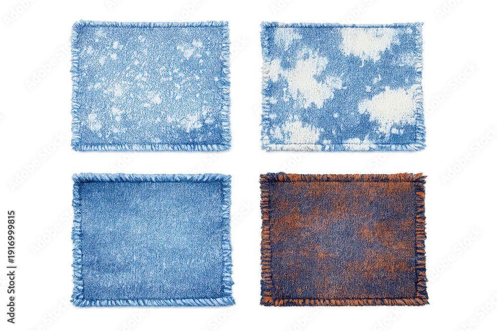 Fototapeta premium Denim patches with frayed edges and distressed texture, creating vintage textile elements on transparent background