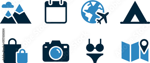 Collection of travel and leisure icons representing vacation activities and planning elements