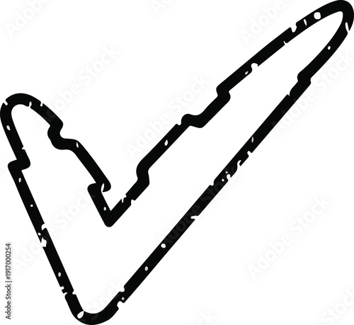 Grungy black checkmark symbol with worn edges and holes