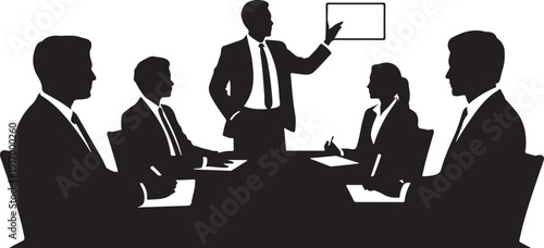 Silhouette of five people in a business meeting with one standing and presenting