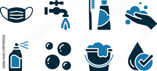 Set of hygiene and sanitation icons for disease prevention and cleanliness on transparent background