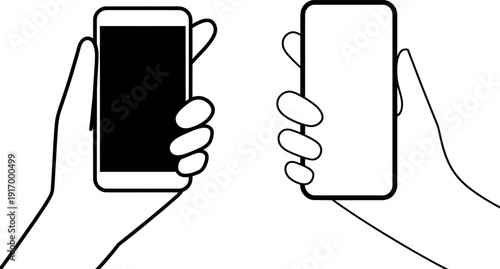 Two hands holding smartphones displaying different screen states isolated on transparent background