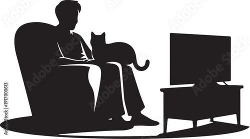 Silhouette of man sitting in armchair with cat on lap and T V