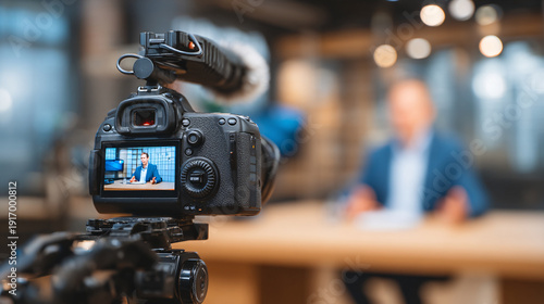 A camera recording a person in a professional interview setting.