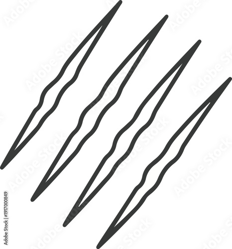 Set of four sharp animal claw marks or scratches on white background