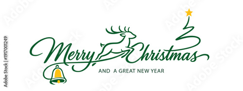 Merry Christmas and Happy New Year logo design with jumping reindeer tree and bell