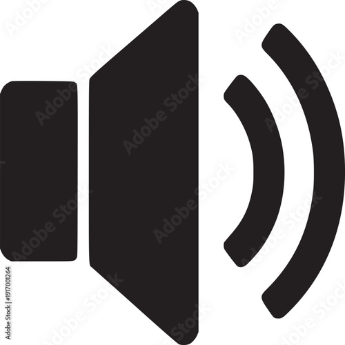 A simple black and white illustration of a speaker icon with sound waves on a white background