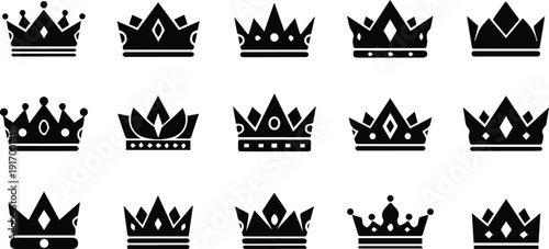 Collection of 15 unique crown silhouettes in black