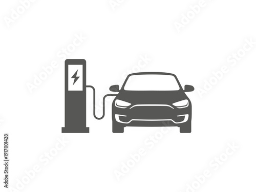 An electric car is plugged into a charging station. Editable Vector Illustration.