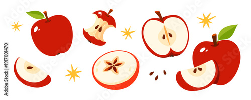 Red apple illustrations with whole fruit, slices, cores, seeds and leaves on white background, fresh healthy snack and autumn harvest vector images