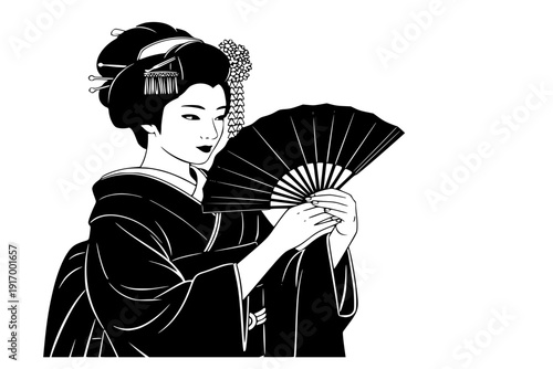 Geisha in Kimono with Fan Silhouette Vector Icon for Japanese Beauty and Cultural Performance Illustration