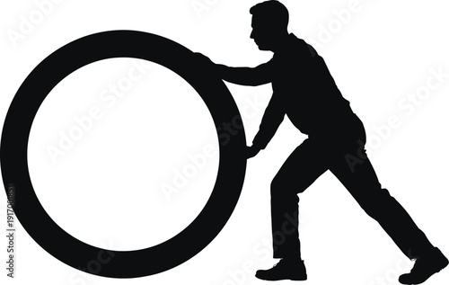 Silhouette of man pushing a large ring from the right