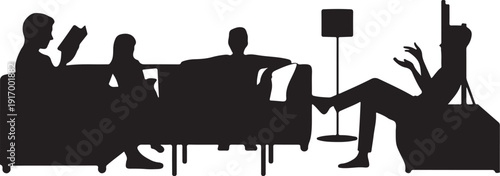 Silhouette of people sitting and relaxing in a living room