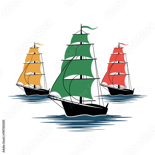 Three colorful sailboats floating on calm ocean waters