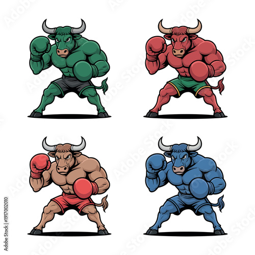 A group of muscular cartoon bulls wearing boxing gloves and shorts