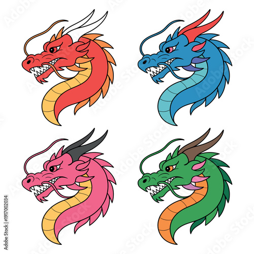 A colorful illustration of four dragon heads in different hues
