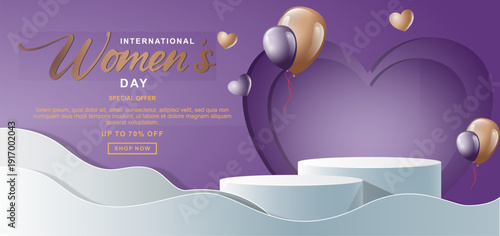 Realistic purple 3D cylindrical podium with 8 march shaped background for women's day banner. Women's day minimal scene for products showcase, Promotional display. Vector ilustration