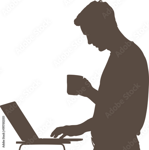 Silhouette of man working on laptop and holding coffee cup