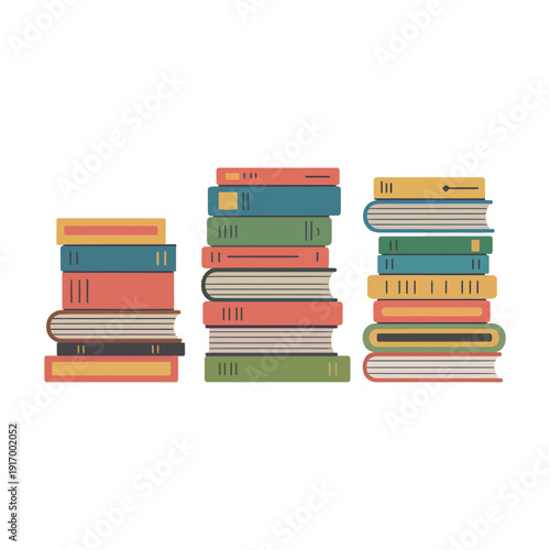A colorful illustration of three stacks of books on a white background