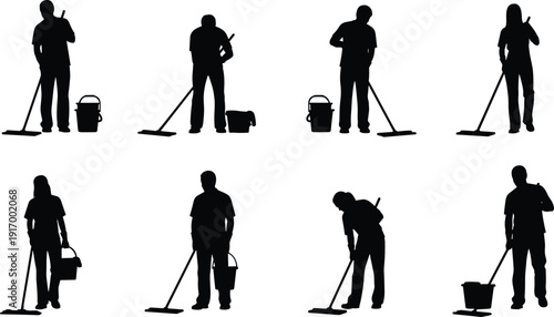 Cleaning worker silhouettes, janitorial icons, mop vector artwork, sanitation clipart, bucket design, hygiene illustration, housekeeping graphics, floor cleaning poses