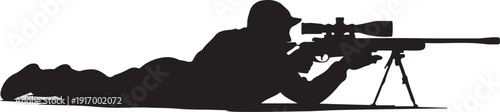 Silhouette of person aiming rifle with scope prone position