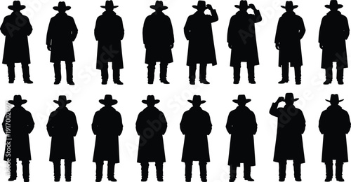Cowboy silhouette collection, western icons, hat tipping artwork, long coat clipart, cultural design, ranch illustration, frontier graphics, wild west poses