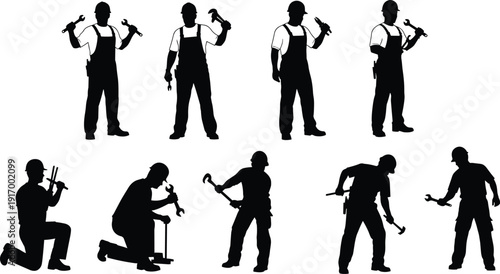 Construction worker silhouettes, tool vector icons, hard hat figures, industrial artwork, labor clipart, occupational design, mechanical illustration, workplace graphics, job poses