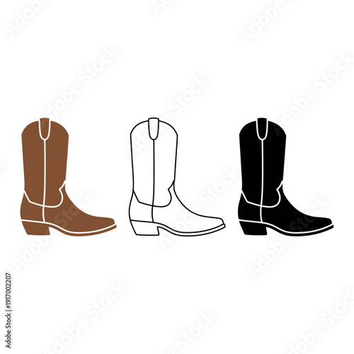 Three cowboy boots in different colors on a white background