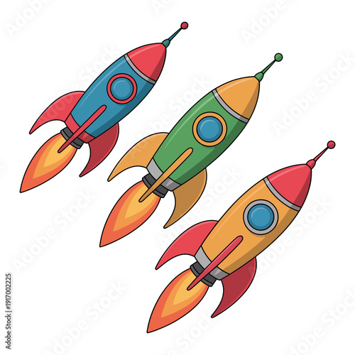 Three colorful cartoon rockets flying in space together