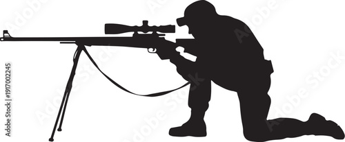 Silhouette of person kneeling with rifle and scope on tripod