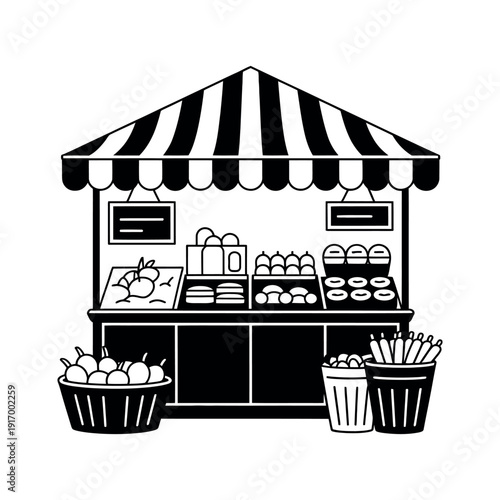 A black and white illustration of a food stand with various products