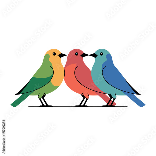 Three colorful birds perched on a thin black wire together