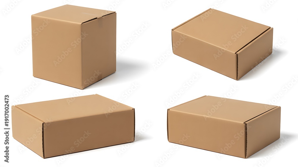 Fototapeta premium Set of Four Kraft Cardboard Boxes in Various Angles on White Background