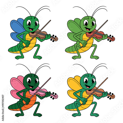 A group of cartoon grasshoppers playing colorful violins with joy