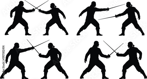 Sword fighting silhouette collection, pirate duel icons, fencing artwork, combat clipart, historical design, battle illustration, dynamic poses, action graphics set