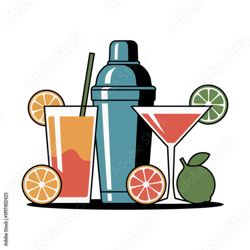 A colorful illustration of cocktails and citrus fruits on a table