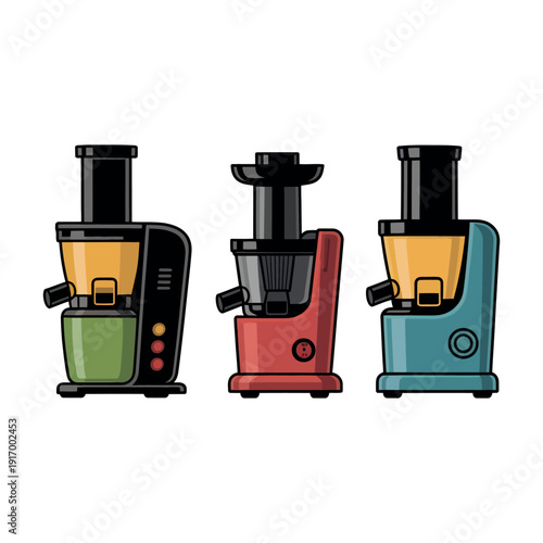 Three colorful cartoon juicers on a white background illustration