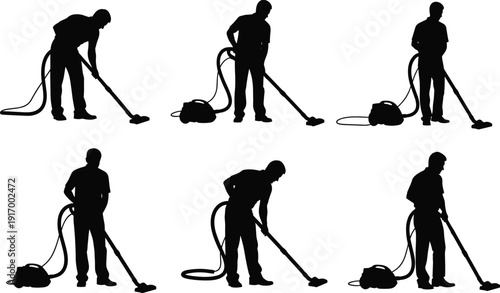 Vacuum cleaner silhouette collection, cleaning worker icons, janitorial artwork, sanitation clipart, household design, hygiene illustration, housekeeping graphics, floor cleaning poses