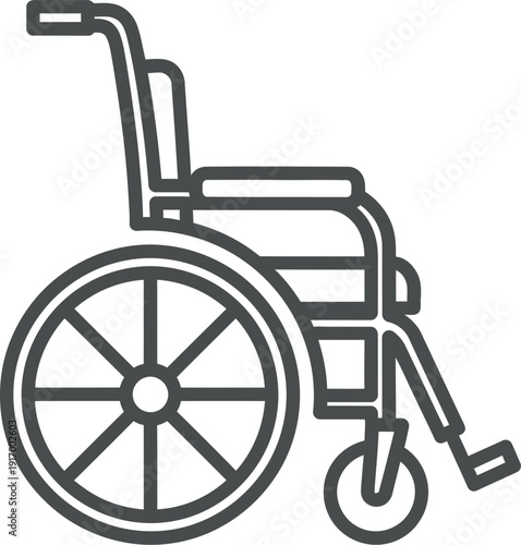 Line drawing of a standard wheelchair with large rear wheels and footrests