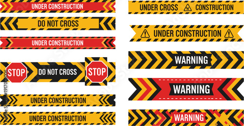 Yellow black red vector illustration of construction caution tapes with warning text, stop signs, hazard symbols, restricted safety design motifs