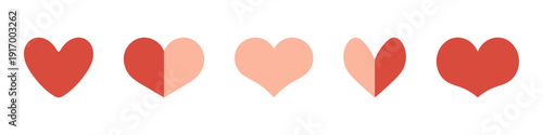 Vector set of red and pink heart icons in different half split a