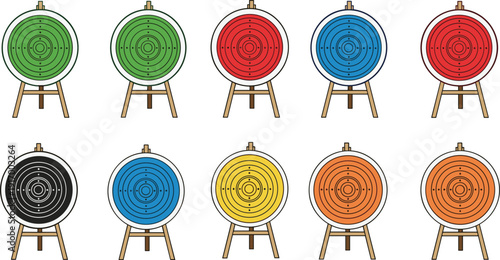 Vector illustration of colorful archery targets with concentric rings, wooden stands, arrow hits showing accuracy precision sports design motifs