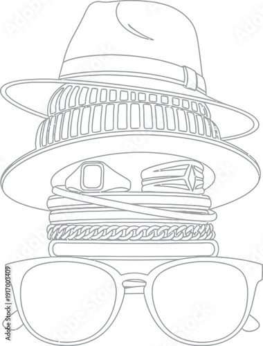 Stylized line art drawing depicts a fashion stack of men's accessories including a fedora hat sunglasses and various bracelets forming an abstract person outline for design projects