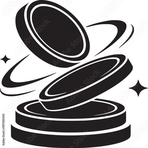 A monochrome depiction of coins falling and stacking with motion lines and star accents on white