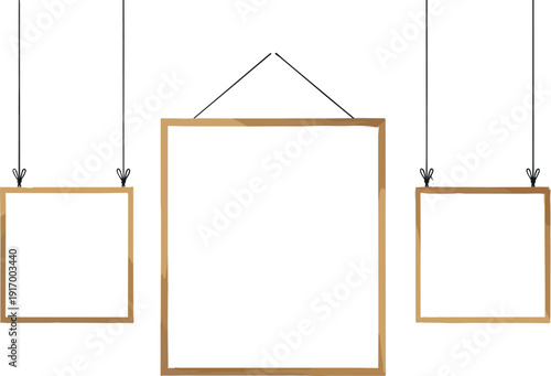 Vector illustration of empty wooden picture frames hanging with decorative bows and strings, symmetrical layout interior design display motifs