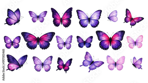A charming watercolor collection of purple butterflies, including soft lilac wings, deep violet gradients, bold black-edged details, and elegant open-wing poses.