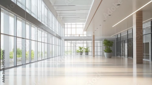 Wallpaper Mural Contemporary commercial lobby with expansive glass walls, abundant natural light and potted plants, sleek white finishes and minimalist open concept layout conveying modern business growth Torontodigital.ca