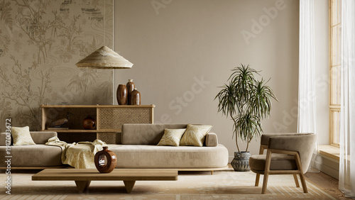 Minimal japandi interior with natural textures, warm neutral palette, modern furniture and soft daylight creating a peaceful and refined living room scene. 3D illustration
