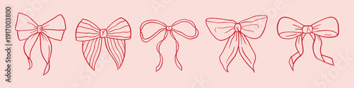 Vector set of whimsical coquette hand drawn ribbon bows in pretty pink outline on soft background. Charming baby girly bow collection for stationery, branding, packaging, fabric, social media design.
